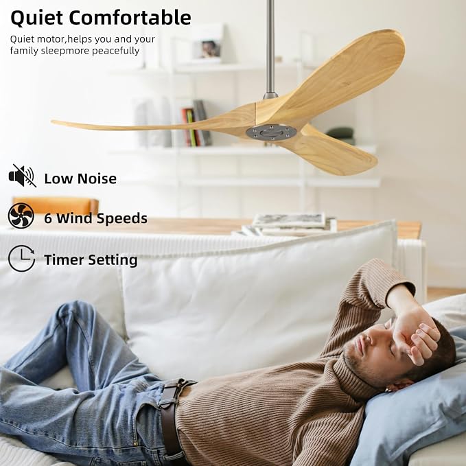 60 Inch Wood Ceiling Fan Without Light, Energy Saving DC Reversible Motor Ceiling Fan, Quiet and Strong Wind, Suitable for Living room, Dining room, Bedroom, Terrace(Brushed Nickel Wood)