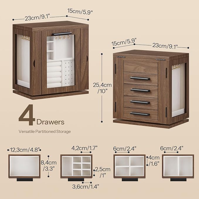 HOOBRO 360° Rotating Jewelry Box with Mirror, Jewelry Organizer with 4 Drawers, 3 Transparent Acrylic Doors, Wooden Jewelry Storage Box for Necklaces, Rings, Bracelets, Earrings, Walnut BH31JB04