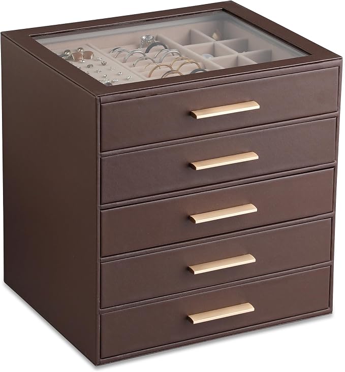 Frebeauty Jewelry Box for Women,Clear Lid Jewelry Organizer with 5 Drawers | Faux Leather,Velvet Lining,5-Layer Large Capacity,Jewelry Storage for Rings Earrings,Dustproof Design,Golden Stylish Handle