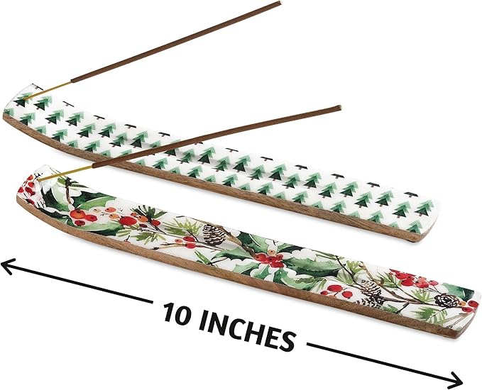 Folkulture Set of 2 Incense Holder or Incense Burner, 10 Inch Modern Insence Holder for Sticks, Wooden Ash Catcher for Christmas Decorations, Insenses Holder - Mango Wood, Seasons