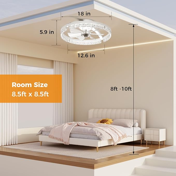 Ceiling Fans with Lights and Remote, Low Profile Ceiling Fan, Morden Flush Mount LED Fan Light, 3000K-6500K Dimmable for Bedroom, Kitchen, Living Room, Srystal, White