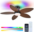 Tropical Palm Leaf RGB Ceiling Fans with Lights 46”, Brown Flush Mount Ceiling Fan with Light and Remote, 3CCT Dimmable LED&&Side RGB Light, Reversible 6 Speeds, Quite Low Profile Ceiling Fan Party