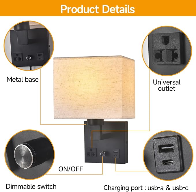 Bedside Wall Lamp for Bedroom, Plug in Wall Sconce - Dimmable Switch with AC Outlet & USB Charging Port, Fabric Shade, Black Wall Mounted Light for Living Room, Hotel (B8045-2Pack)