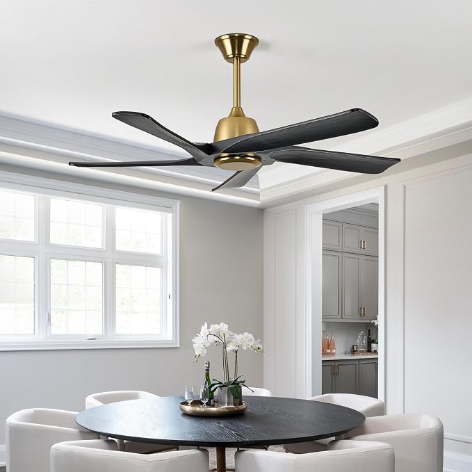 52 Inch Solid Wood Ceiling Fan No Lights, Remote and APP Control, DC Motor, 6-speed Reversible, for Bedroom, Living Room, Office, Black Gold