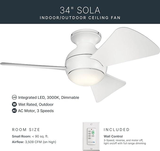 Kichler 330150MWH 34 Inch Sola Ceiling Fan LED, 3 Speed Wall Control Full Function, Matte White Finish with Matte White Blades