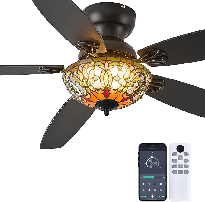 Ceiling Fans with Lights - 52" Ceiling Fan Chandelier with 5 Dual-Blades and Glass Shade, 6 Speeds and Reversible, Indoor and Outdoor, Retro Style