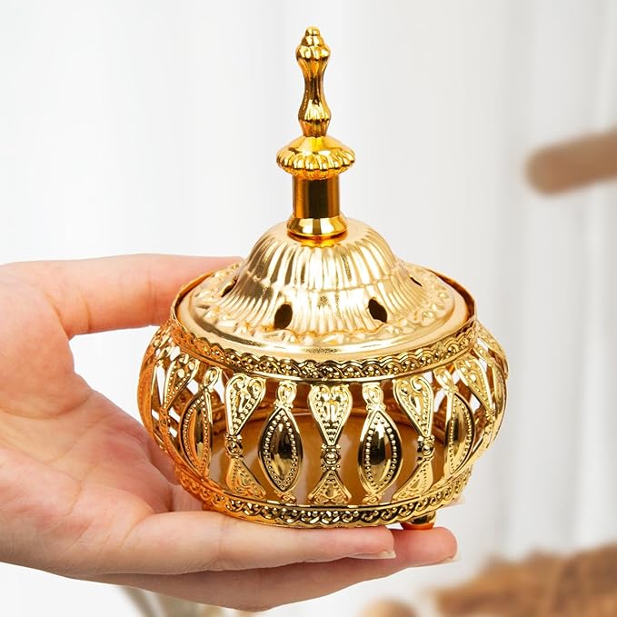 Golden Incense Holder, Frankincense Charcoal Incense Resin Stand, Bakhoor Incense Burner, Ideal for Aromatherapy Yoga Spa, Arabian Vintage Home Christian Church Censer (Golden)