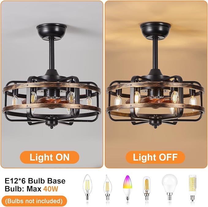 Caged Ceiling Fans with Lights Black Farmhouse 18‘’ Flush Mount Bladeless Rustic Chandeliers Fan Lights with Remote Vintage Reversible Ceiling Fan for Living Room Bedroom Kitchen 6 Light Bulb Base E12