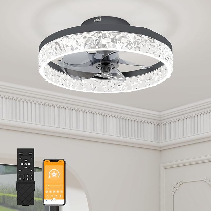 VOLISUN Fandelier Ceiling Fans with Light, 15.7in Low Profile Ceiling Fan with Light and Remote, 3000K-6500K Dimmable Bladeless Ceiling Fan Flush Mount, Black Modern Ceiling Fan with Light for Bedroom