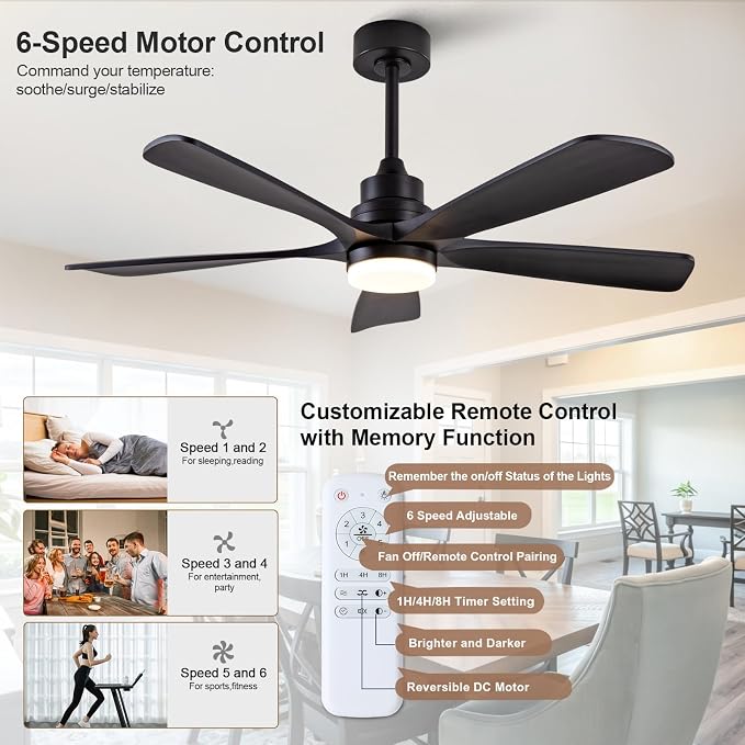 52 Inch Solid Wood Ceiling Fans with Lights, Black Ceiling Fan with Light, Modern Indoor Outdoor Ceiling Fan with Remote for Patio Living Room Bedroom