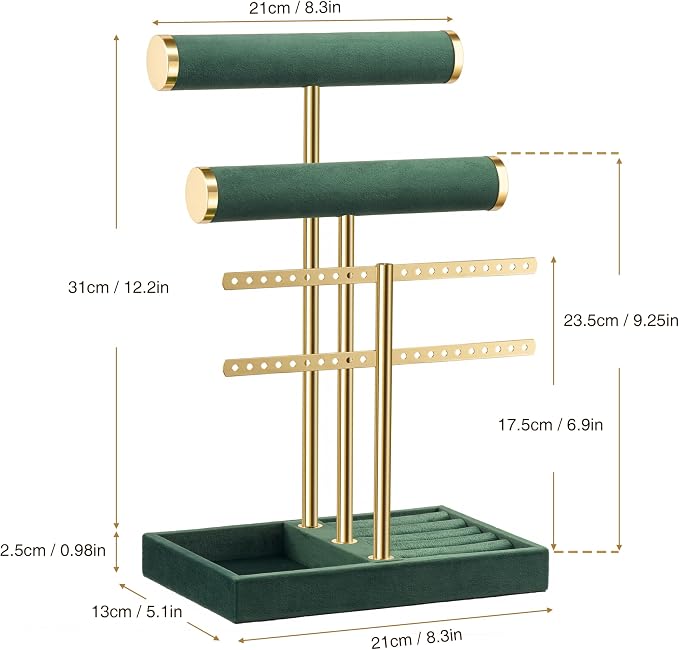 Jewelry Organizer Stand for Necklaces, Bracelets, Earrings, Rings, Green | 3 Tier Velvet Bracelet Holder Display | Jewelry Organizers and Storage | Jewelry Tree | Jewelry Towers