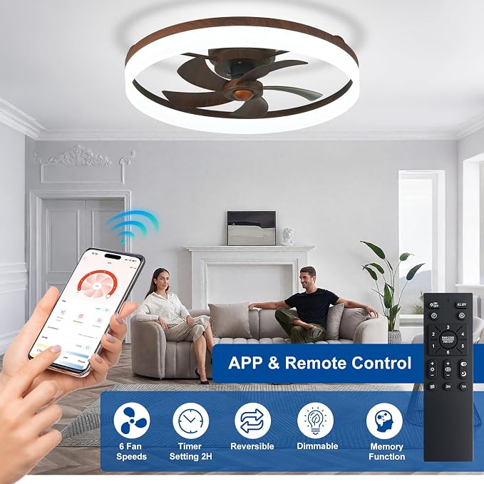 DLLT Bladeless Ceiling Fans with Lights: 24 Inch Modern Flush Mount Low Profile Ceiling Fan with APP Remote Control - Walnut Enclosed LED Fandelier Dimmable Quiet DC Motor for Bedroom Living Room
