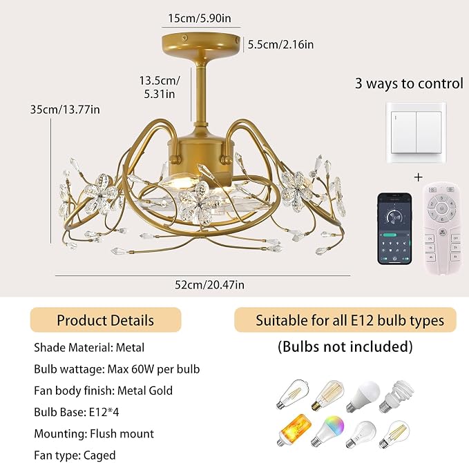 Ganeed 20.5“ Gold Crystal Fandelier Ceiling Fans with Lights, Crystal Diamond Flower Chandelier Ceiling Fan with Remote Control, Modern Caged Fandelier 6 Speeds for Girl's Bedroom, Living Room