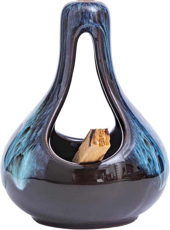Palo Santo Holder Ceramic Incense Burner for Palo Santo Sticks and Cones Burning, Mini Chiminea Incense Burner Holder for Yoga Spa Aromatherapy Meditation, Home Office Decor (1, Blue)
