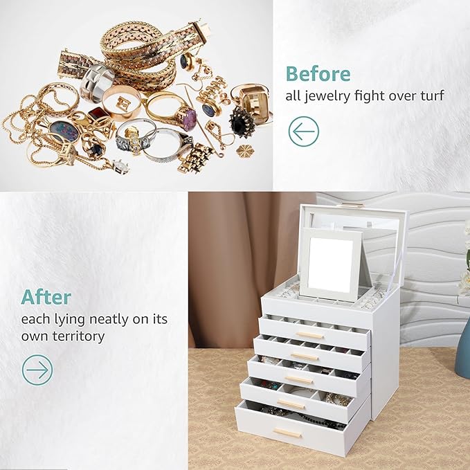 BOOVO Jewelry Boxes for Women, White and Black 6 Layer Large Jewelry Box for Necklace, Bracelet, Earrings, Rings Storage, Jewelry holder Organizer for Girls Gift (Clear White, 6 layer)