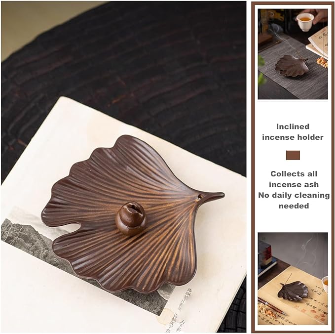 Ceramic Incense Holder, Incense Burner Tray for Sticks,Coil,Cone,Handcrafted Burner Ash Catcher for Yoga Meditation Energy Cleansing Room Décor(Brown, Ginkgo Leaf & Gourd)
