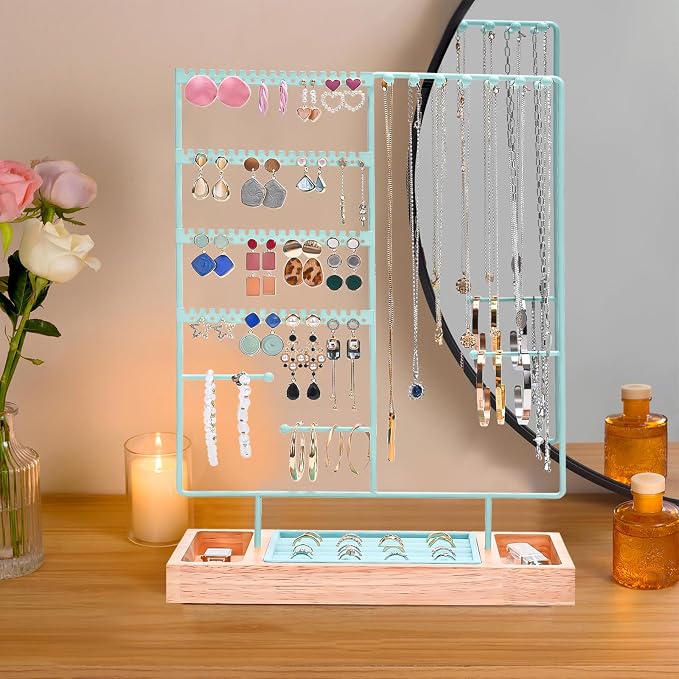 ProCase Jewelry Organizer Stand Earring Holder Organizer, 6 Tiers Earring Organizer Tree Necklace Rack Jewellery Tower Bracelets Holder Storage with Removable Wooden Ring Tray for Women Girls -Blue