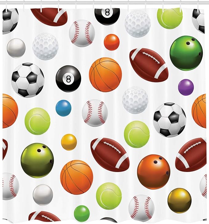 Ambesonne Sports Shower Curtain, Colorful Look Different Type of Balls Various Sports Professional Hobby Leisure Time Activity Themes, Cloth Fabric Bathroom Set with Hooks, 69" W x 75" L, Black Green