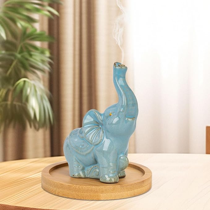 Cute Elephant Incense Holder with Wooden Coaster, Handmade Ceramic Burner, Animal Theme Incense Tray, Incense Burner for Home Decoration Accessories (Blue)