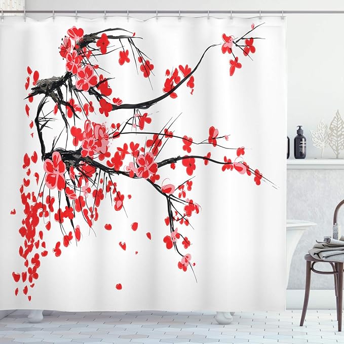 Ambesonne Floral Shower Curtain, Japanese Cherry Blossom Sakura Blooms Branch Spring Inspirations Print, Cloth Fabric Bathroom Decor Set with Hooks, 69" W x 75" L, Vermilion Brown White
