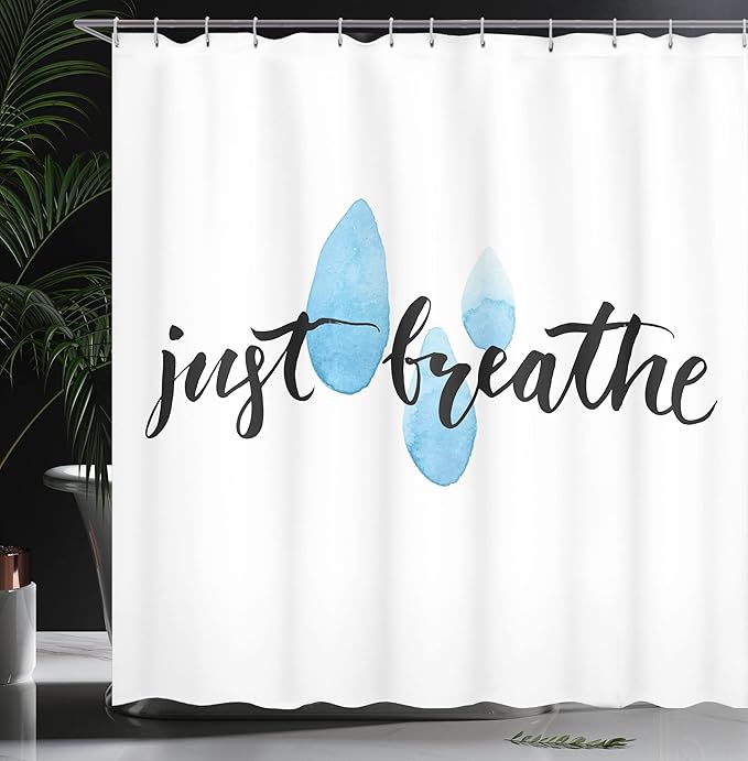 Ambesonne Saying Shower Curtain, Just Breathe Lettering Inspirational Words Calligraphy PastelRaindrop Spots Life Positivity Themed, Cloth Fabric Bathroom Set with Hooks, 69" W x 70" L, Black Blue