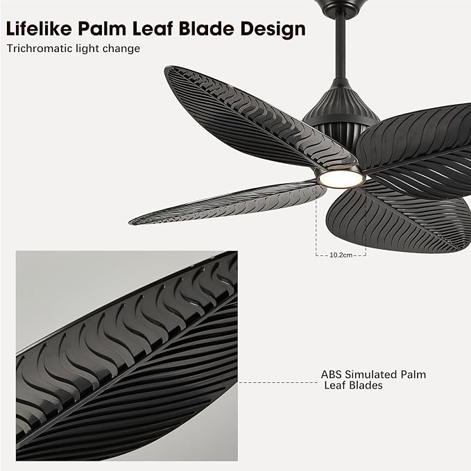 52" Tropical Ceiling Fans with Lights, Indoor Palm Leaf Ceiling Fan with Light and Remote for Living Room Bedroom, ABS Blades, Dimmable LED Lights, 6 Speeds, Adjustable Height-Black