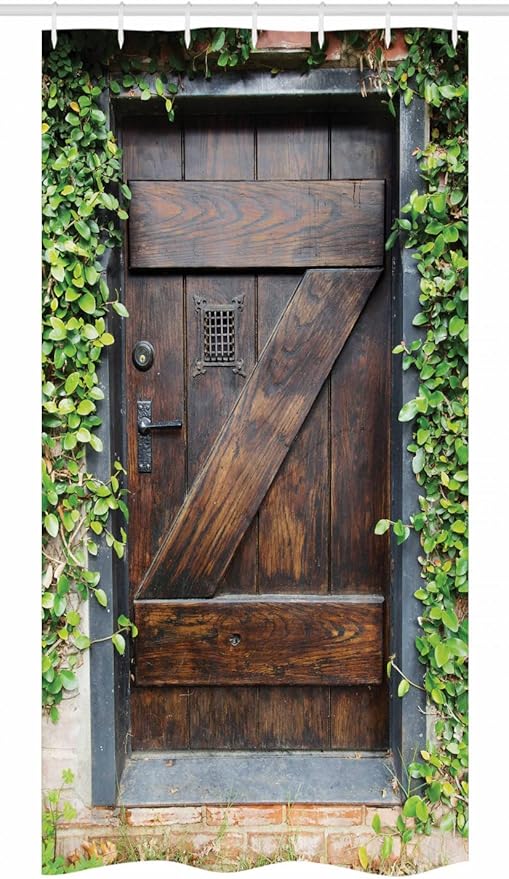 Ambesonne Rustic Stall Shower Curtain, Small Spanish Style Dark Stained Wood Door Secret Garden with Grated Window Picture, Fabric Bathroom Decor Set with Hooks, 36" W x 72" L, Brown Green