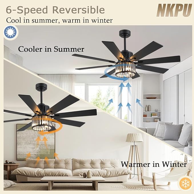NKPU 52 Inch Farmhouse Crystal Ceiling Fans with Lights and Remote, Chandelier Industrial Ceiling Fan with Dual 8 Blades, 6 Speed Reversible Motor, Timing, Black Ceiling Fan for Living room Bedroom
