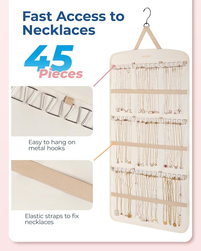 BAGSMART Hanging Jewelry Organizer, Necklace Holder Anti-tangle,1 Piece, Extra Large Beige