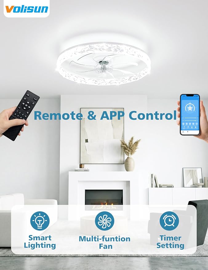 VOLISUN Low Profile Ceiling Fan with Lights and Remote, No Assembly, 24in Modern Ceiling Fans Flush Mount, 3000K-6500K Dimmable Bladeless LED Fan Light, White Fandelier Ceiling Fans for Bedroom