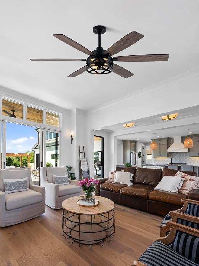 60 Inch Farmhouse Ceiling Fan with Light and Remote Black Rustic Ceiling Fan Quiet and Reversible DC Motor Caged Chandelier Fan for Living Room Bedroom