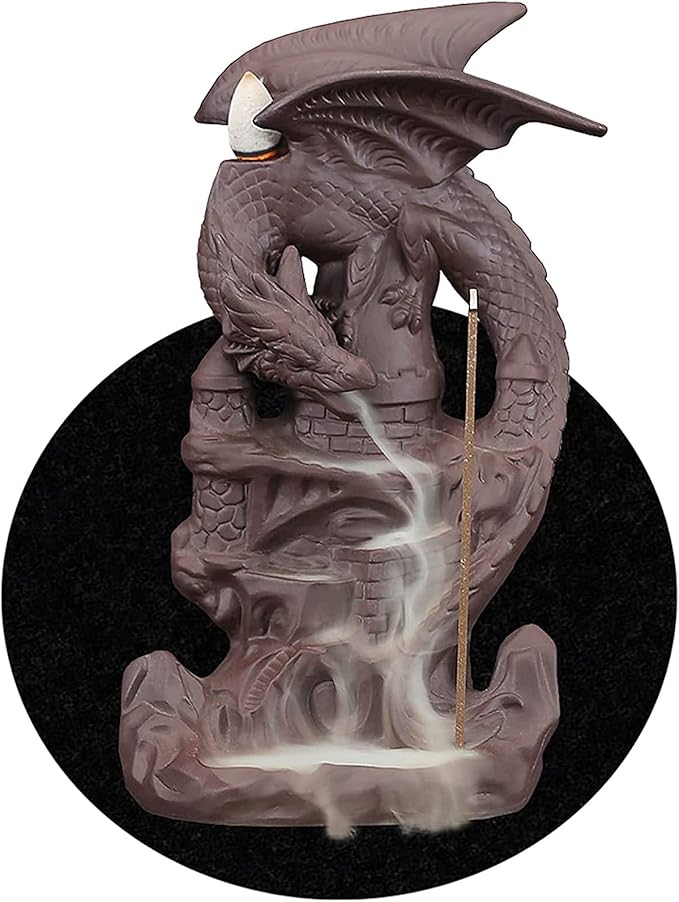 Dragon Backflow Incense Burner Handmade Ceramics Ornamen Statue Fountain Home Decor Waterfall Incense Holder, with 10 Backflow Incense Cones and 1Mat