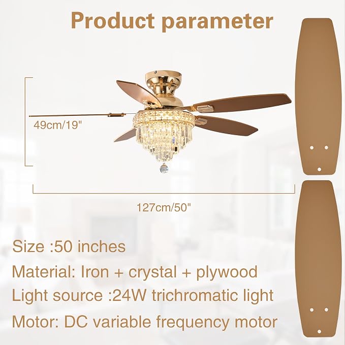 Crystal Ceiling Fan Fandelier with Lights-Ceiling Fans with Lights,50" Low Profile and Remote Control, Flush Mount, Reversible, Dimmable, Noiseless,Ceiling Fan for Bedroom（Gold）