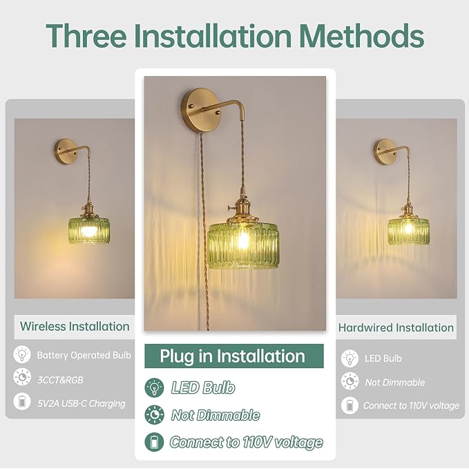 Shenmoyl Vintage Wall Sconce Wall Lamp with Green Striped Glass Shade Hanging Wall Sconce with 4.9FT Plug in Cord, Modern Wall Lamp Fixtures Decor for Bedside Bedroom Indoor Doorway