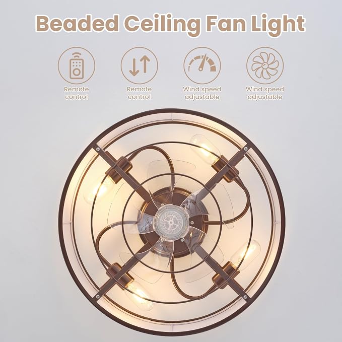 20 Inch Boho Ceiling Fan with Light, Low Profile Flush Mount Caged Ceiling Fan, Bladeless Brown Drum Chandelier with Remote, 6 Speed Reversible DC Motor for Bedroom Living Room, Nursery