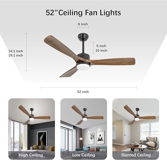 52" Ceiling Fans with Lights and Remote Control, Indoor Outdoor Ceiling Fans Farmhouse, Timing 6 Speeds 3 Color Light with Memory Lighting Function