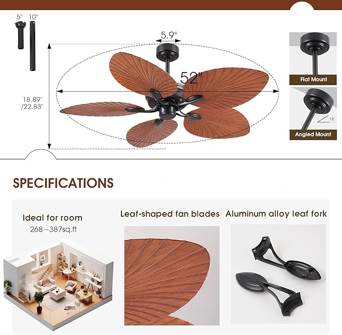 52 Inch Waterproof Outdoor Palm Leaf Ceiling Fans without Lights and Remote | IP44 Wet-rated,6 Wind Speeds, Reversible, 40W Quiet DC Motor,1/4/8H Timer,Suit for Patios Porch Gazebo Pergola