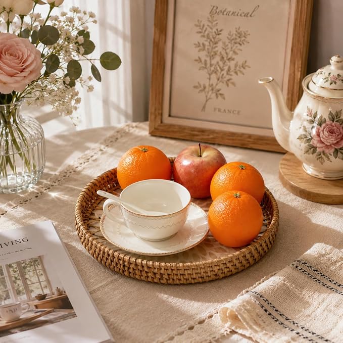 Set of 3 Round Rattan Tray, Rattan Serving Tray for Storage, Decorative Wicker Tray for Table Decor, Home Decor, Kitchen, Coffee, Bread, Fruits (White Leaf, Set of 3)