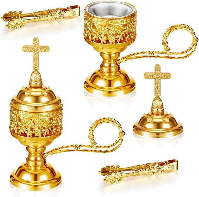 Zonon 2 Sets Incense Burner with Tong, Frankincense Charcoal Incense Stand Holder, Ideal for Yoga, Spa, Aromatherapy, Home and Christian Church Censer (Gold,Classic)
