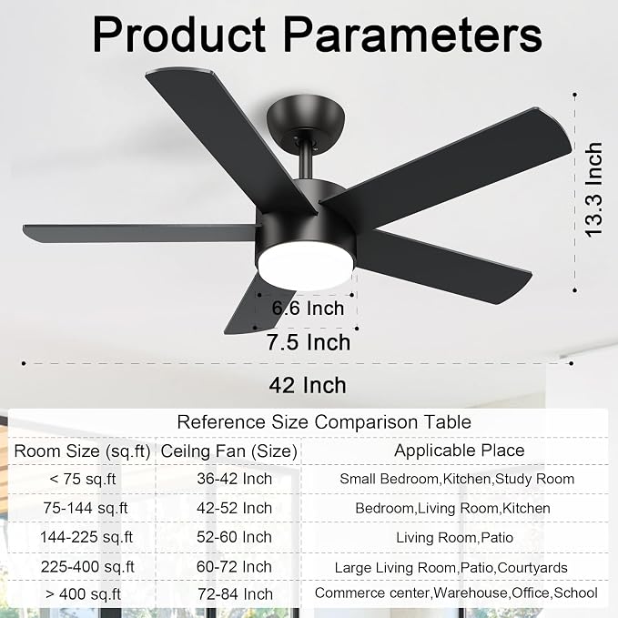 POCHFAN 42 inch Black Ceiling Fans with Lights and Remote Control, LED Ceiling Fan Dimmable 3 CCT 6-Speed, Noiseless Modern Ceiling Fan for Bedroom, Living Room, Dining Room, ETL Listed