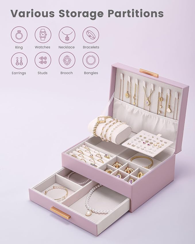 Lolalet 2-Layer Jewelry Box Organizer Holder for Women Girls Mom -Purple | Jewelry Storage Case with Drawers for Necklaces Ring Earrings Bracelet Watch, Gifts Choice for Mom Mother’s Day