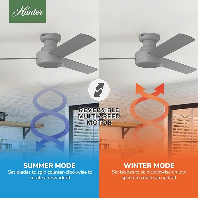 Hunter - Presto Indoor Low Profile Ceiling Fan, Wall Control, 52-inch, Dove Grey, Casual-style, Bedroom Ceiling Fans, 52406, for living rooms, home offices, kitchens | For Bedroom, Living Room, Kitchen, Home Office, 52406