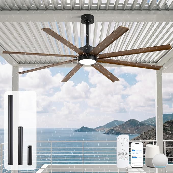 72 Inch Outdoor Ceiling Fan with Light for Patios Waterproof, Wet Rated Smart Fan with Alexa/App/Remote Control, 8 Walnut Finish Aluminum Blades, Quiet DC Motor with 9503 CFM Airflow, ETL Listed