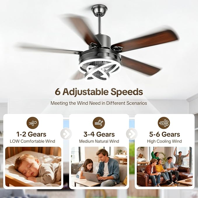 52 Inch Chandelier Ceiling Fans with Lights, Modern Ceiling Fan with Remote Control for Living Room Kitchen, Dimmable, 6 Speed Reversible DC Motor, Dual Finish, Black