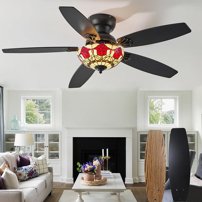Tiffany Ceiling Fans with Lights - 48" Ceiling Fan Chandelier with 5 Dual-Blades and Glass Shade, 6 Speeds and Reversible, Indoor and Outdoor, Retro Style