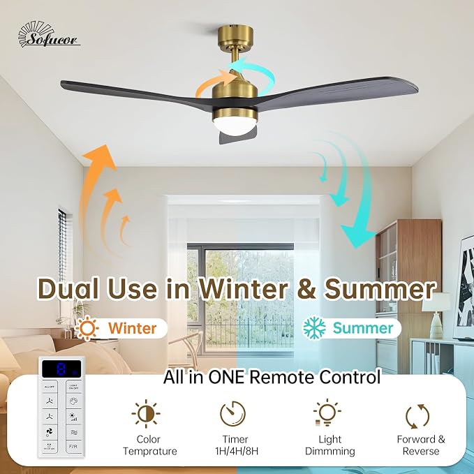 Sofucor 52" Smart Wood Ceiling Fans Lights, Flush Mount & Downrod Mount, 3 Wood Blades Modern Outdoor Ceiling Fans with Alexa/Google Assistant/APP/Remote Control for Bedroom, Farmhouse, Patio, Indoor