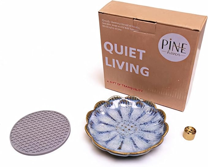 Pinehaven Incense Holder and Burner, Japanese Ceramic Incense Stick Holder with Ash Catcher, 5.5 Inch Blue Tray, Solid Brass 9-Hole Insert for Palo Santo, Sage, Zen Meditation Home Decor