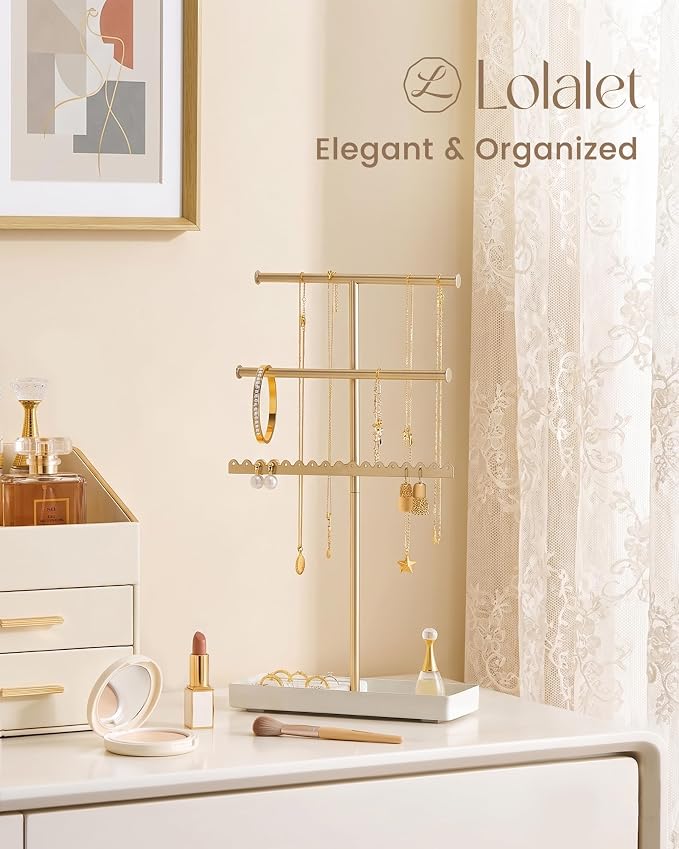 Lolalet 3-Tier Jewelry Organizer Stand, Metal Jewellery Holder, Dresser Display Rack for Necklace Earring Bracelets Rings, Gift for Women Girls -Gold