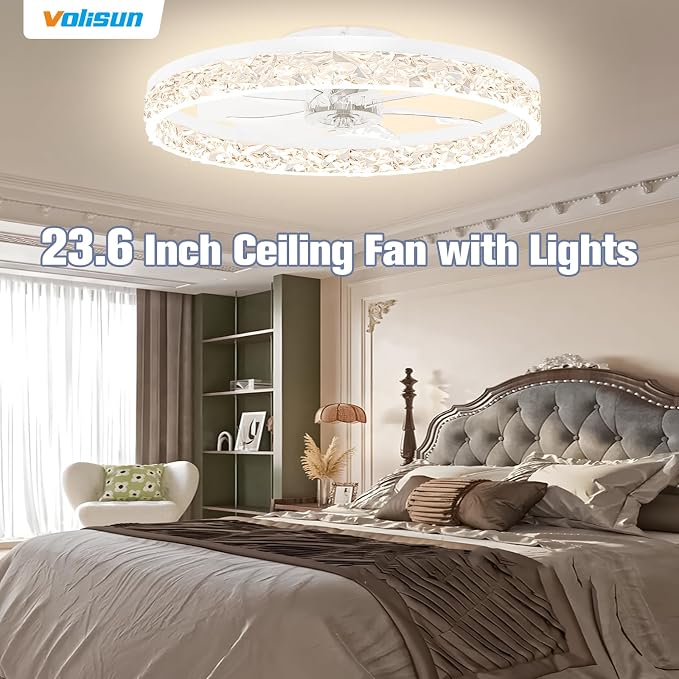 VOLISUN Fandelier Ceiling Fans with Light, 23.6in Low Profile Ceiling Fan with Light and Remote, 3000K-6500K Dimmable Bladeless Ceiling Fan Flush Mount, White Modern Ceiling Fan with Light for Bedroom
