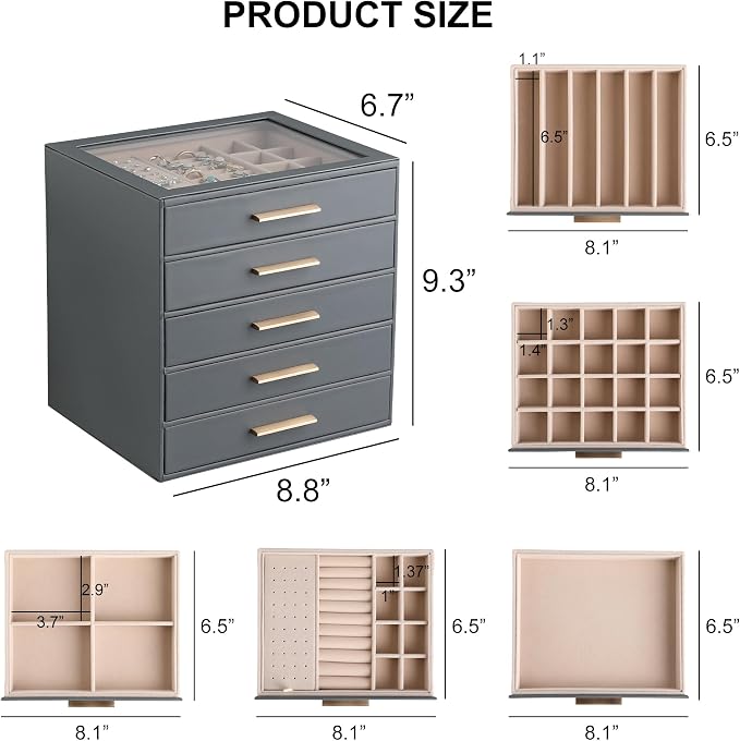 Frebeauty Jewelry Box for Women,Clear Lid Jewelry Organizer with 5 Drawers | Faux Leather,Velvet Lining,5-Layer Large Capacity,Jewelry Storage for Rings Earrings,Dustproof Design,Golden Stylish Handle